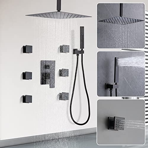 Enga Rainfall Shower System with 6 Body Jets 12" Ceiling Mount Rain Shower, Multi Shower Head System Shower Contain Rough-in Shower Valve, Oil Rubbed Bronze - color: Oil Rubbed Bronze, style: Ceiling Mount - 6 Jets