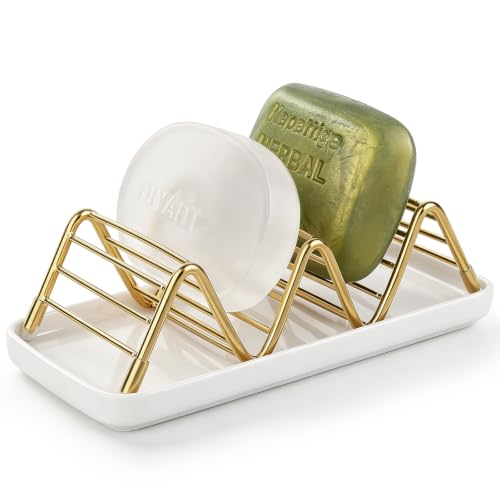 Stainless Steel Soap Dish Draining Soap Holder with Ceramic Tray, Gold | Reversible Design Fits 2-3 Bars, Rustproof, Easy to Clean, Space Saving, Non Slip, for Bathroom, Shower, Kitchen - color: Gold, size: 6.3" x 3.0"(with tray)