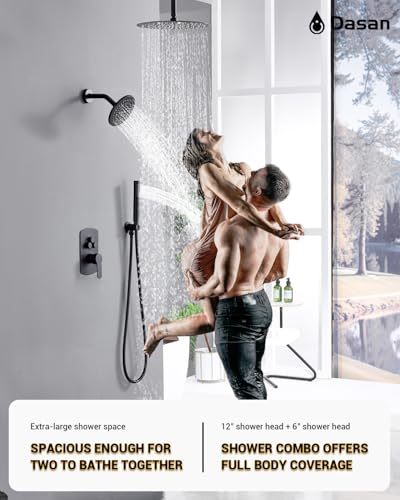 Dasan Rainfall Full Body Shower Faucet System with 12'' Round Shower & 6'' Shower Head,Matte Black Dual Shower Head Faucets Set with Handheld & Valve, Double Shower Head System for Couples/ 2-Person - color: Matte Black