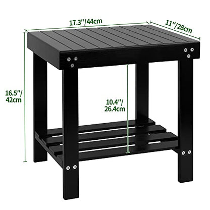 VaeFae Bamboo Spa Bench Seat Stool Foot Rest Shaving Stool with Non-Slip Feets Storage Shelf for Shampoo Towel,Works in Bathroom/Living Room/Bedroom/Garden Leisure (Black) - size: Black 17.3" x 11" x 16.1"