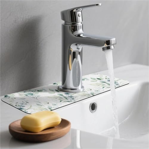 Kitchen Sink Splash Guard，Tropical Green Leaf-1 Faucet Mat Sink Gadgets-Super Absorbent Fast Drying Mat Drip Catcher for Kitchen, Bathroom,Sink Mat, Dish Drying Mat, Bathroom(15" X 5.5" ) - color: Tropical Green Leaf-1