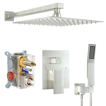 Brushed Nickel Shower System with 12-Inch Rain Showerhead and Handheld | Innovative air-injection technology for low pressure, high-flow rate up to 3.22 GPM ensuring powerful consistent stream - color: Brushed Nickel, style: 12"-Without Tub Spout