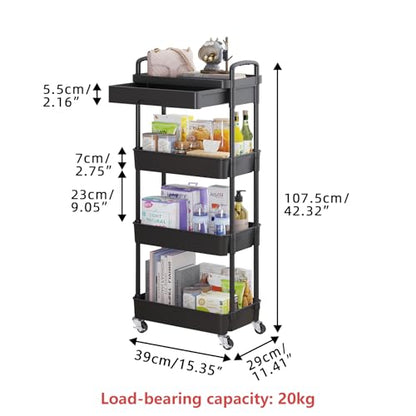 Calmootey 4-Tier Rolling Utility Cart with Drawer,Multifunctional Storage Organizer with Plastic Shelf & Metal Wheel,Storage Cart for Kitchen,Bathroom,Living Room,Office,Black | Space-Saving Organizer, Sturdy Plastic Shelves, Smooth-Rolling Metal Wheels,