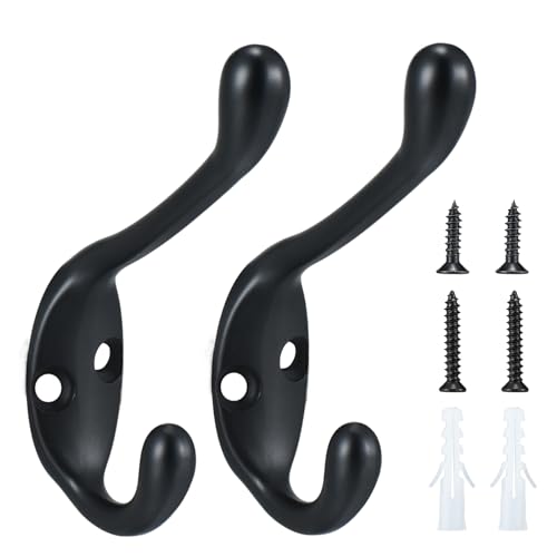 Coat Hooks 5 Pack-Heavy Duty Wall Mounted Matte Black Door Hooks Double Prong Hooks for Hanging Clothes/Towels/Key-Suitable for Bedroom/Bathroom/Entryway and Replaced - color: Matte Black