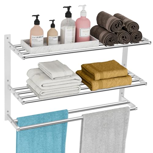 KLJKPA 24 Inch Towel Racks for Bathroom Wall-Mount, 3-Tier, Brushed Nickel | Towel Shelf with Double Towel Bar, Towel Holder, Towel Storage for Bathroom Lavatory, Stainless Steel, Space Saving - color: Brushed Nickel, size: 3-Tier