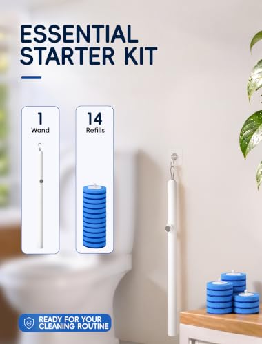 Disposable Toilet Brush Wand System, Toilet Bowl Cleaning Wand Kit with Disposable Refill Heads and Press Button Handle, for Daily Bathroom Cleaning 1 Wand and 14 Refill Heads