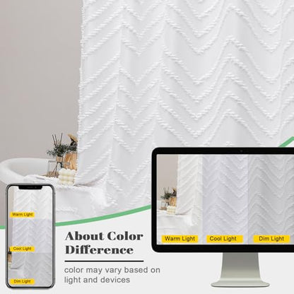 Extra Long White Boho Shower Curtain, Chic Tufted Chevron Striped Textured Cloth Fabric Shower Curtains with Tassel for Bathroom, Soft Hotel Style Farmhouse, Machine Washable, 72x96 - color: White, size: 72"W x 96"L (Pack of 1)