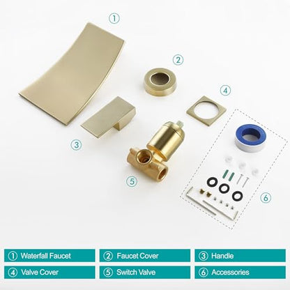 SKOWLL Single Handle Wall Mount Bathroom Sink Faucet, Brushed Gold Waterfall Modern Tub Faucet Set, Waterfall Spout - color: Brushed Gold