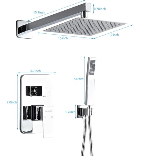 10 Inch Polished Chrome Shower Faucet Set with Rain Shower Head and Handheld Spray, Wall Mounted Rainfall Shower Head with Handheld Combo, Bathroom luxury Shower System with Valve and Trim - color: Polished Chrome, size: 10 IN