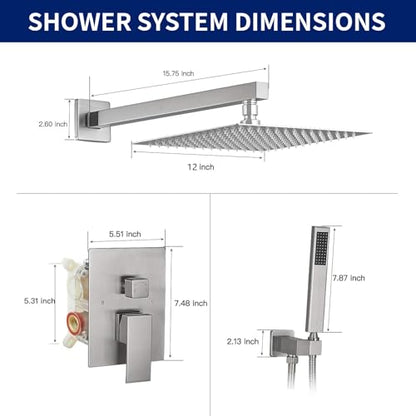 BWE 12 Inch Brushed Nickel 2-Faction Wall Mounted Bathroom Shower System | Brass and Stainless Steel,Rainfall Shower Head,Handheld Shower Head,Pressure Balance Valve,Escutcheon Plate,Hotel,Bath Center - color: Brushed Nickel, size: 12 Inch