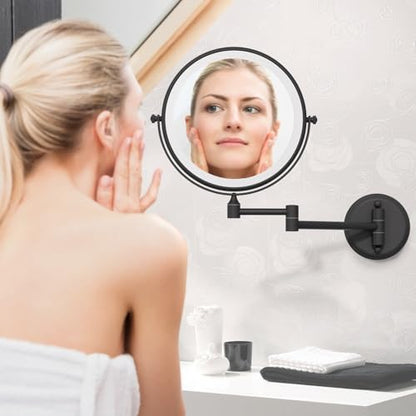 8" Lighted Wall Mounted Makeup Magnifying Mirror 10X, Matte Black | Rechargeable Brass 2-Sided Bathroom Vanity, Swivel Extension Arm 360 Rotation, 3 Color Adustable Touch Sensor Dimmable