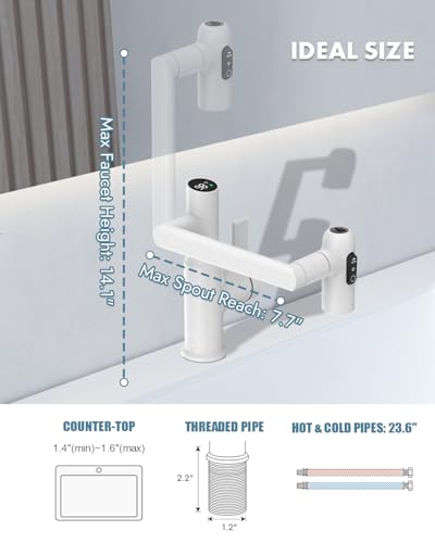 Rotatable Bathroom Faucet with Temperature Display in Fahrenheit (Batteries-Free), 3 Water Outlet Modes, White, BF2204-4 - color: White