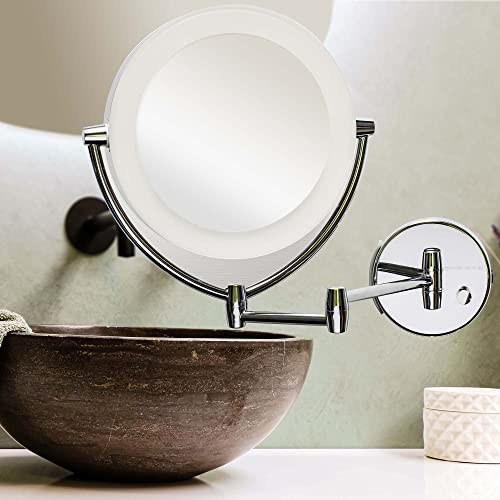 Ovente 7.5" Lighted Wall Mount Makeup Mirror, 1X & 10X Magnifier, Spinning Double Sided Round LED w/ Dimmer Switch, Extend, Retractable & Folding Arm, Battery USB Powered Polished Chrome MLW75CH1X10X - color: Polished Chrome, size: 10.3"L x 12.4"W, style: