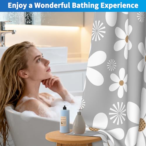 No Hook Shower Curtain and Liner Set, Grey and White Floral Shower Curtain with Snap in Liner and Mesh Top Window, Waterproof Shower Curtains with Weighted Hem for Bathroom and Hotel, 71x74 Inches - color: White Daisies