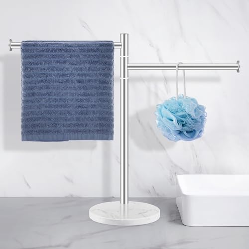 Hand Towel Holder, Stainless Steel Hand Towel Stand with Marble Base, Swivel Hand Towel Rack Standing Towel Bar for Kitchen Countertop, 2 Arms, Brushed Nickel