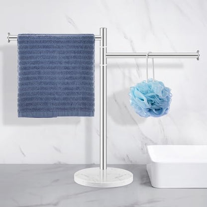 Hand Towel Holder, Stainless Steel Hand Towel Stand with Marble Base, Swivel Hand Towel Rack Standing Towel Bar for Kitchen Countertop, 2 Arms, Brushed Nickel
