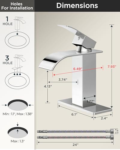 FORIOUS Bathroom Faucet 1 Hole, Waterfall Vanity Sink Faucet Chrome | Bathroom Sink Faucet 1 or 3 Hole, Square Single Handle with 24" cUPC Supply Line and Pop-up Drain, Fits RV Restroom Basin - color: Chrome