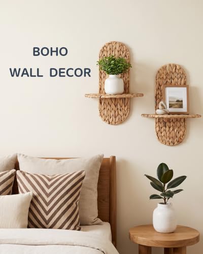 Coeusy Set of 2 Wicker Plant Wall Shelf, Boho Wall Decor, Wall Plant Holder | Water Hyacinth, Hand-Woven Wall Planter, Floating Shelves for Home, Bathroom, Bedroom, Living Room, Office, Corner, Natural