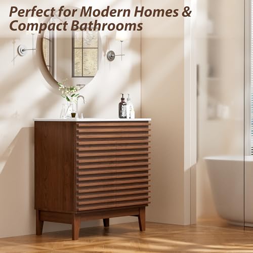 APRILSOUL 30" Bathroom Vanity with Ceramic Sink, Mid-Century Bathroom Vanity Cabinet with 2 Soft Closing Doors, Freestanding Bathroom Cabinet, Particleboard Frame with Wood Grain Laminate, Walnut - color: Walnut/ White Sink, size: 30 Inch