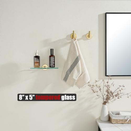 JQK Bathroom Glass Shelf Gold, Tempered Glass Shower Storage 8 by 5 inches, 304 Stainless Steel Brushed Gold Wall Mount, TGS101L8-BG - color: Gold, size: 8 Inch (1 Pack)