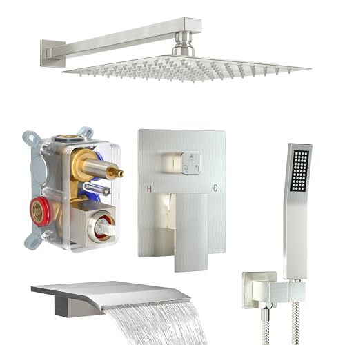 Shower System with 10-Inch Rain Head and Tub Spout | All-Metal Tub Shower Faucet Set, Wall Mounted Rain Showerhead, Handheld Spray, Includes Valve and Trim Kit, Brushed Nickel - color: Brushed Nickel, style: 10"-With Tub Spout