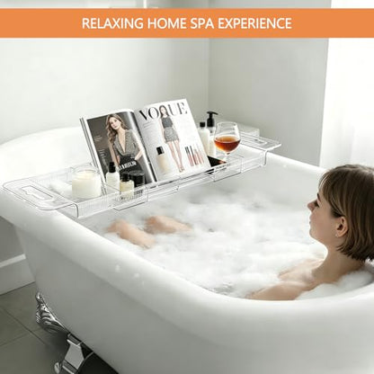 Expandable Bathtub Tray Caddy,Clear Acrylic Bath Tray for Tub,Bath Tub Table Tray with Book&Tablet&Phone Holder,Foldable Bath Shelf Over Tub,Bath Accessories&Bathtub Organizer for Luxury Home Spa