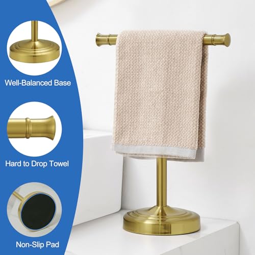 RUMOSE Brushed Gold Hand Towel Holder Stand Countertop Towel Rack | 13 Inch Bathroom Kitchen Vanity T-Shape Towel Stand Free Standing Stainless Steel Towel Bar Towel Ring - color: Brushed Gold