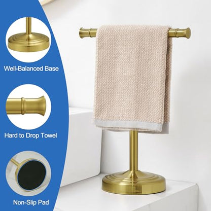 RUMOSE Brushed Gold Hand Towel Holder Stand Countertop Towel Rack | 13 Inch Bathroom Kitchen Vanity T-Shape Towel Stand Free Standing Stainless Steel Towel Bar Towel Ring - color: Brushed Gold