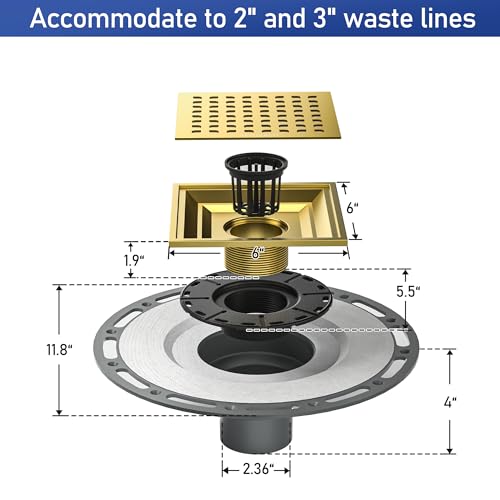 Square Shower Drain w/PVC Bonding Flange Base, 6" Gold | 304 Stainless Steel Drain w/ Drain Key for Low Profile Shower Tiles, CUPC Certified - color: Polished Gold6"