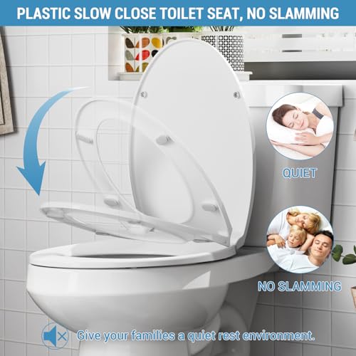 Soft Close Elongated Toilet Seat – White, Quick Release Hinges, Non-Slip Bumpers, Quiet, Easy to Clean – Fits Most American Standard Elongated Toilets – Easy Installation – White, Elongated, Regular - size: Elongated