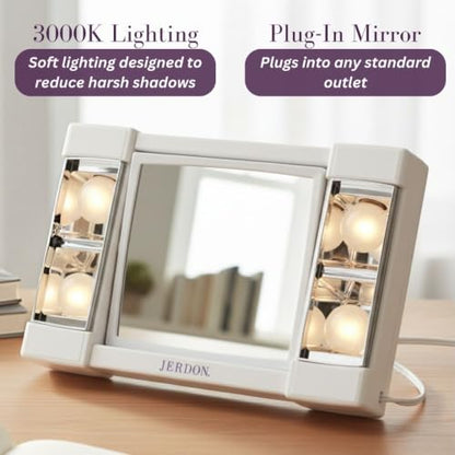 JERDON Lighted Makeup Mirror with 3X Magnification - White - J1010 | Two-Sided 6" x 6" Square Frame, Glare-Free Lighting