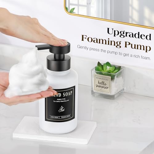 Luxspire Glass Foaming Soap Dispenser 15oz Hand Soap Bottle, White, 2 Pack | Anti-drip pump, wide mouth easy refill, non-slip silicone base, 7 waterproof labels, bathroom and kitchen sink use - color: White