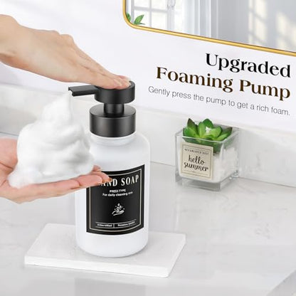 Luxspire Glass Foaming Soap Dispenser 15oz Hand Soap Bottle, White, 2 Pack | Anti-drip pump, wide mouth easy refill, non-slip silicone base, 7 waterproof labels, bathroom and kitchen sink use - color: White