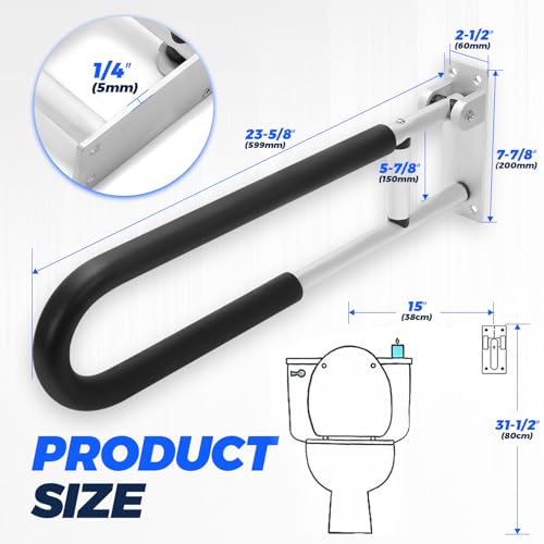 KUAFU 23.6 Inch Handicap Grab Bars Flip Up Folding Toilet Grab Bar Rails | Bathroom Safety Bar Hand Support for Disabled Elderly Pregnant Woman Wall Mounted Aluminum Silver