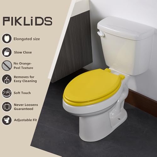 Toilet Seat, Slow Close, Soft Touch, Ultra-Smooth Matte Finish (No Orange-Peel Texture), Premium Moulded Wood, Quick Release, PIKLiDS (Yellow, Elongated) - color: Yellow, size: Elongated