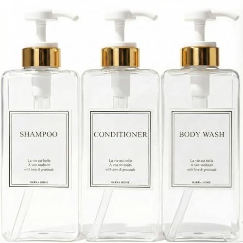 Modern Gold Design Shampoo and Conditioner Dispenser, Large 27oz Shower Soap Dispenser, Set of 3 Refillable Empty Plastic Pump Bottles for Bathroom, 6 Waterproof Labels Included, (Clear & White) - color: Clear & White