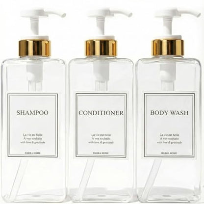 Modern Gold Design Shampoo and Conditioner Dispenser, Large 27oz Shower Soap Dispenser, Set of 3 Refillable Empty Plastic Pump Bottles for Bathroom, 6 Waterproof Labels Included, (Clear & White) - color: Clear & White