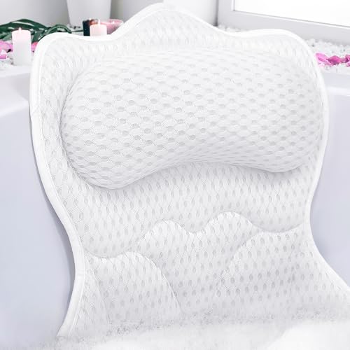 REEZEIVI Bath Pillows for Tub,Thick Neck Back Support Bathtub Cushion,White | 4D breathable body-fitting mesh, 6 strong anti-slip suction cups, machine washable & quick drying, durable for all bathtubs - color: White