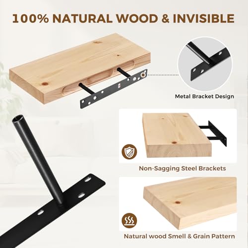 Solid Wood Floating Shelves, 17 Inch Wall Shelves, Set of 2, Wood | 8 Inch Deep, 1.6 Inch Thick, Extra-Wide Display Space, Mounting Hardware Included, For Kitchen, Bathroom and Living Room - color: Wood, size: 17x8x1.6