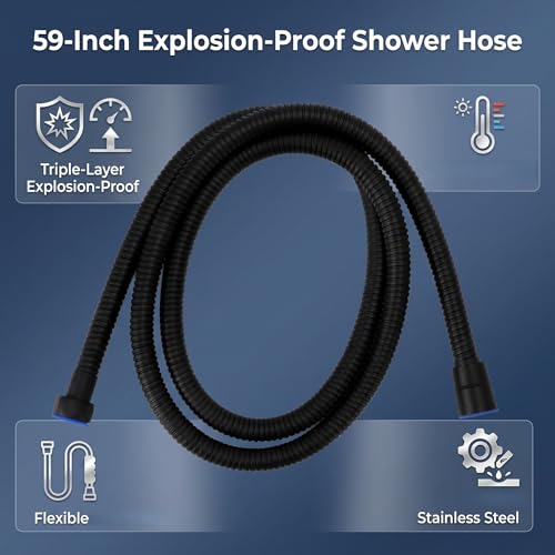 59in Shower Hose, 3 Layers Pressure Stainless Steel Flexible Long Shower Hose with Hot Cold Nozzles, Universal Fit for Bathroom Replacement (Black) - color: Black