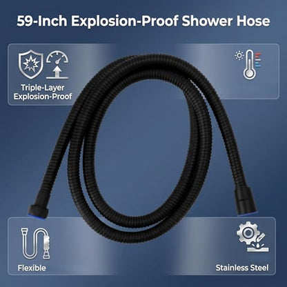 59in Shower Hose, 3 Layers Pressure Stainless Steel Flexible Long Shower Hose with Hot Cold Nozzles, Universal Fit for Bathroom Replacement (Black) - color: Black