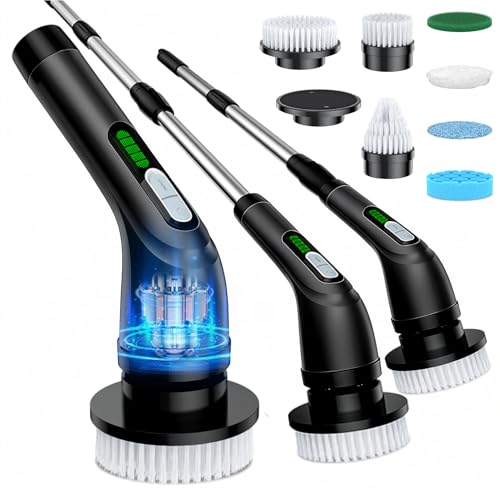 Electric Spin Scrubber, 2-Speed Cleaning Brush, Extendable Handle (Black) | Includes 7 reusable brush heads and an IPX7-rated design for cleaning bathrooms, showers, kitchens, tile, floors, and grout - color: Black