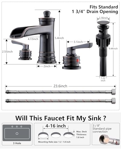 Fapully Oil Rubbed Bronze Bathroom Sink Faucet, Waterfall Bathroom Faucets 3 Hole, 8 Inch Widespread Bathroom Faucet with Pop-up Drain, 2-Handle Faucet for Bathroom Sink Vanity RV - color: Oil Rubbed Bronze