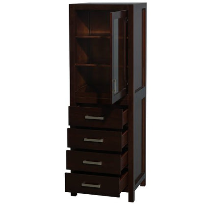 Wyndham Collection Sheffield 24 inch Linen Tower in Espresso with Shelved Cabinet Storage and 4 Drawers - color: Espresso With Brushed Chrome Trim