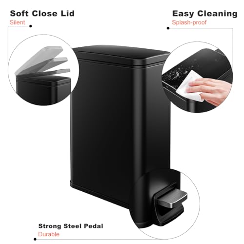Bathroom Trash Can with Lid Slim 1.6 Gallon Stainless Steel Garbage Can with Removable Inner Bucket Soft Close Lid Durable Step Pedal Trash Bins for Toilet Bedroom Office (Matte Black, 1.6 Gallon) - color: Matte Black, size: 1.6 Gallon