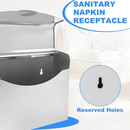 2 Pcs Sanitary Napkin Disposal Receptacle Stainless Steel Napkin Receptacle Tampon Disposal Bin with 100 Disposal Bags Wall Mounted Waste Tampon Holder Feminine Hygiene Disposal Container
