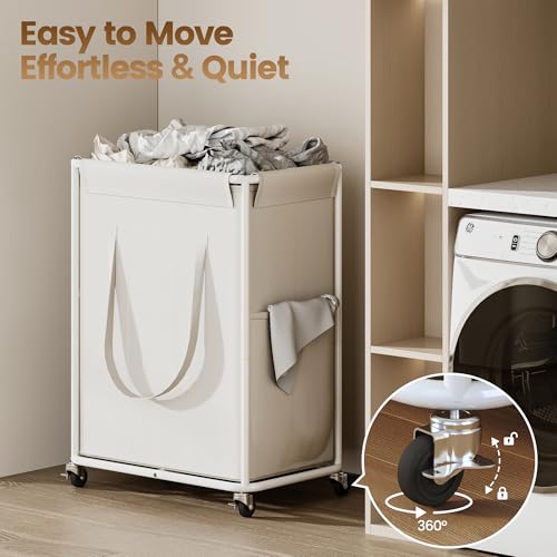 Homeiju 180L Large Laundry Hamper with Wheels, Rolling Laundry Basket with Metal Frame and Removable Bag Design, Dirty Clothes Laundry Cart for Bathroom, Dorm Room, Laundry Room, White - color: White