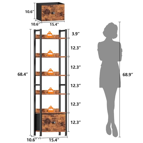 Furologee Book Shelf Set of 2, 6 Tier Tall Shelf with Drawer, Bookshelves and Bookcases Set of 2, Industrial Display Shelving Unit for Bedroom, Living Room, Home Office, Rustic Brown - color: Rustic Brown, size: 6 Tier-2 PCS