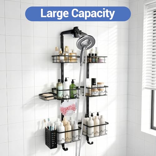 Extra Large Shower Caddy Hanging, Rust-Resistant Shower Organizer Hanging, 3 Tier Height-Adjustable Over the Head Caddy, Rack with Soap Basket (Black) - color: Black