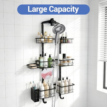 Extra Large Shower Caddy Hanging, Rust-Resistant Shower Organizer Hanging, 3 Tier Height-Adjustable Over the Head Caddy, Rack with Soap Basket (Black) - color: Black
